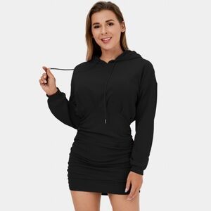 Halara Hooded Drawstring Ruched Bodycon Mini Casual Dress Cat Ears M Black